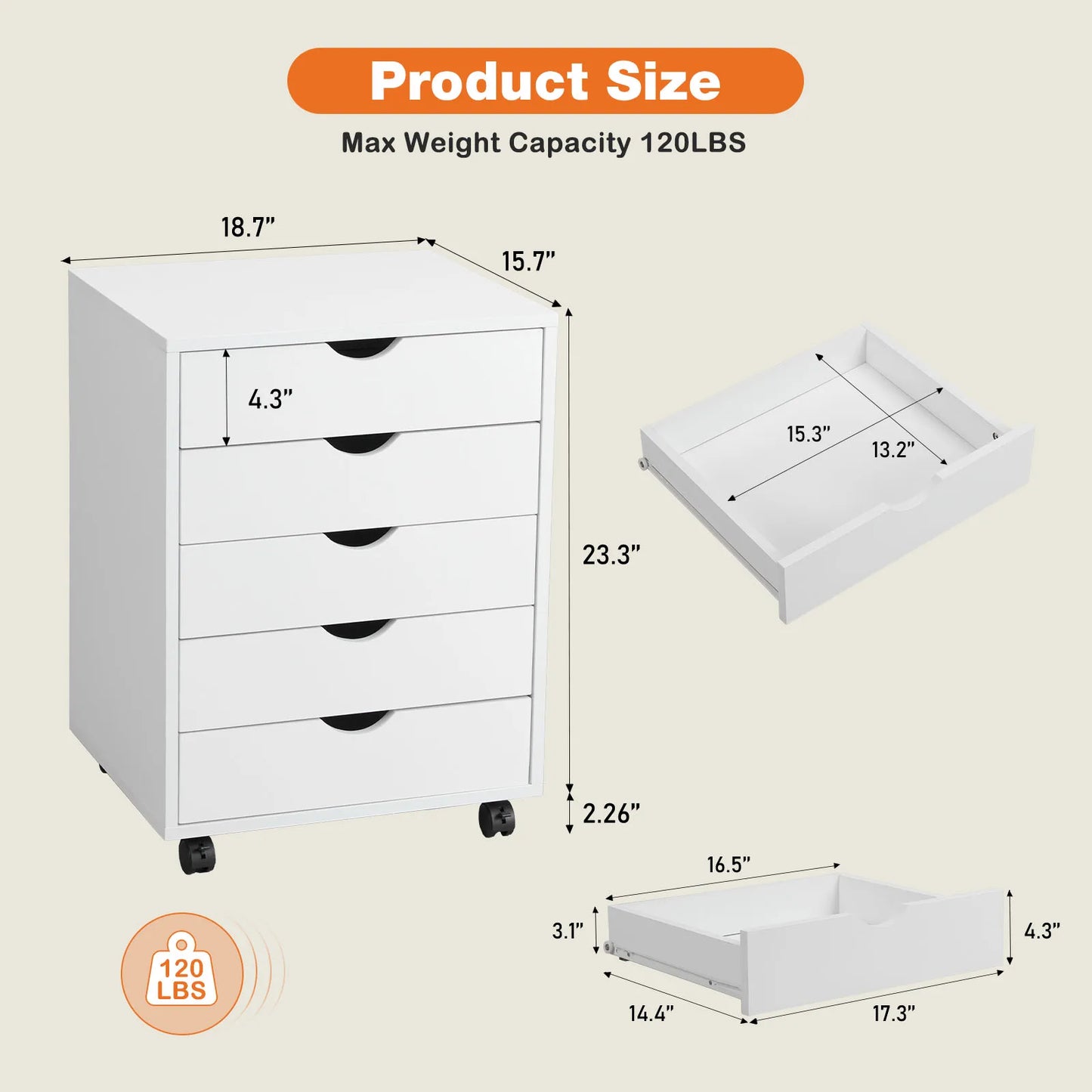 JHK Wood Nightstand Cabinet With Five Drawers On Wheels