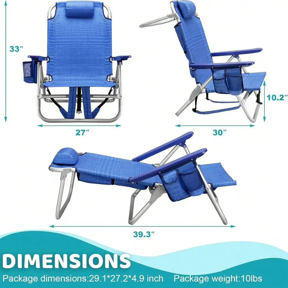 Beach Chair For Adult,Outdoor Camping Chair Lay Flat Folding Backpack Beach Reclining Chair,With Pockets Cup Holder