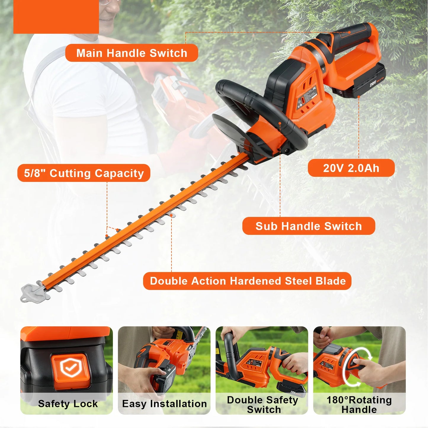 SucceBuy 20V Cordless Hedge Trimmer Kit With Blade Cover