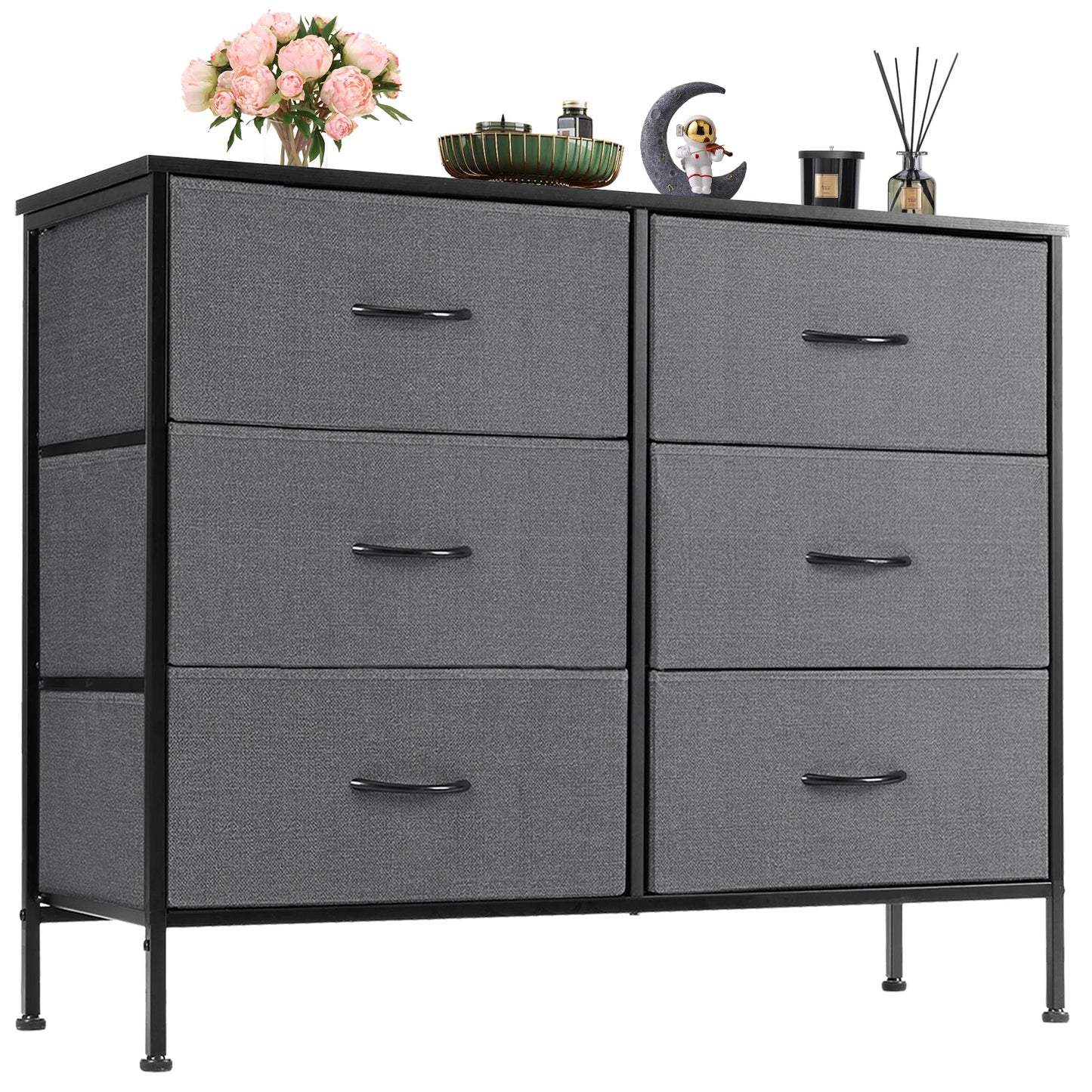JHK 6 Drawer Fabric Nightstand Bedroom Bedside Table With Storage