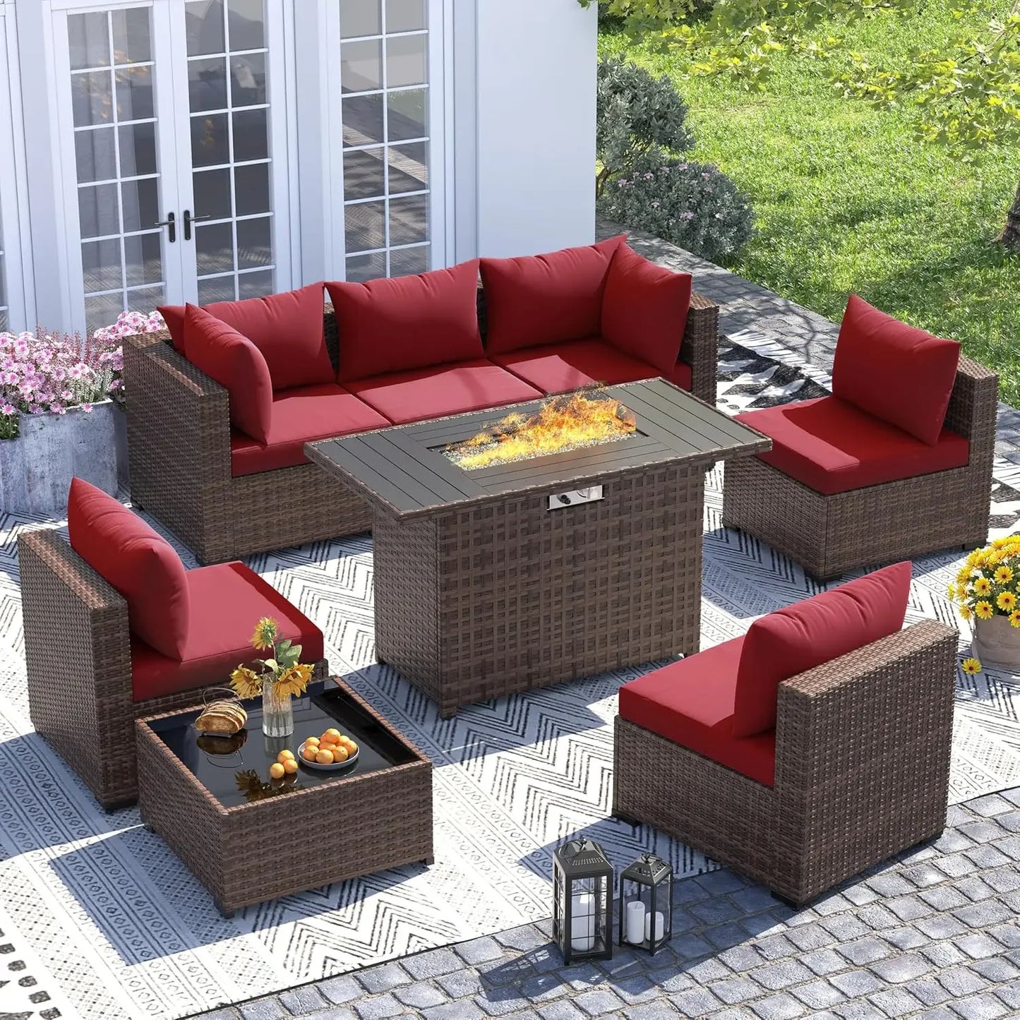 Outdoor Sectional Sofa Set With Fire Pit Table In Wicker