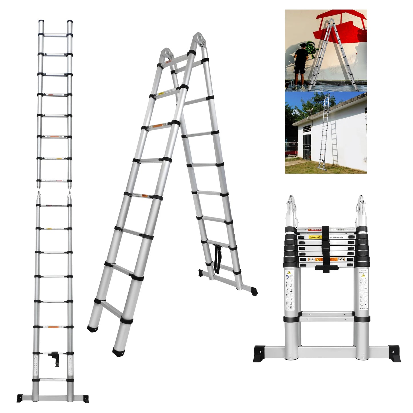 Aluminium Telescopic Ladder 3.8m To 5m Heavy Duty A Frame Non Slip 150kg