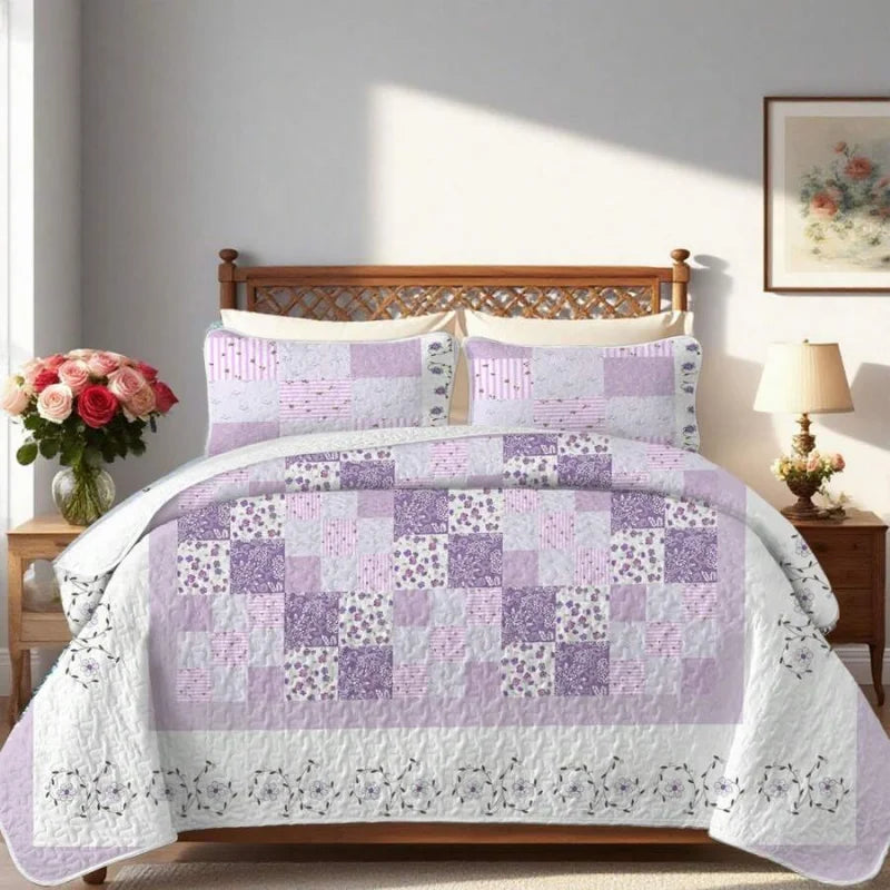 Purple Floral Grid Print Quilt Set Lightweight Breathable Polyester Cotton