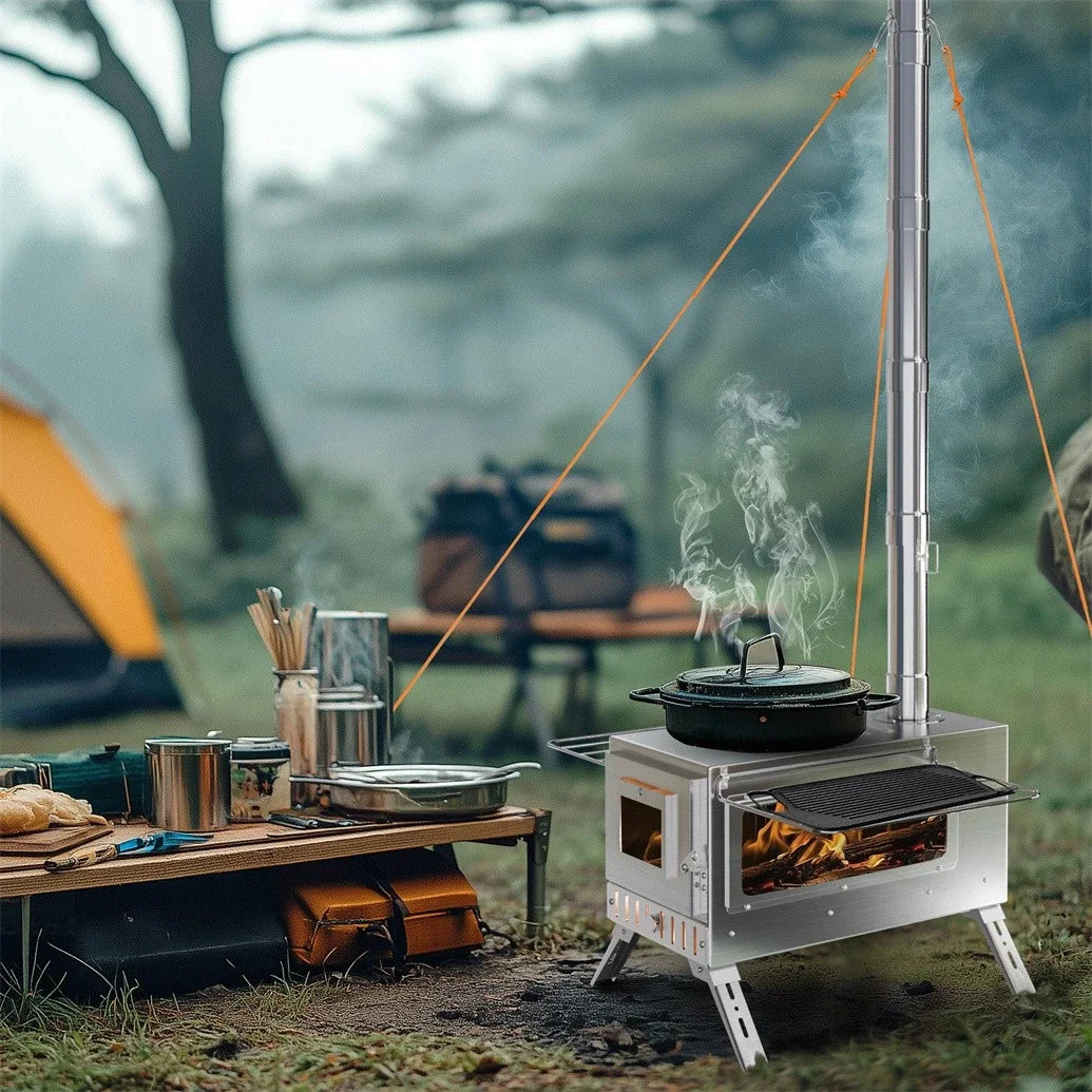 Wood Burning Tent Stove Portable With Six Stainless Chimney Pipes