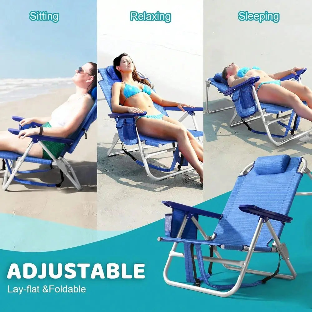 Beach Chair For Adult,Outdoor Camping Chair Lay Flat Folding Backpack Beach Reclining Chair,With Pockets Cup Holder