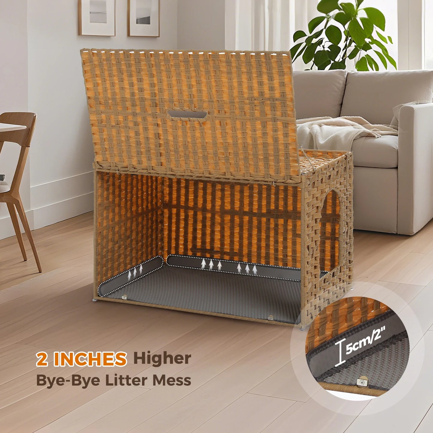 PEQULTI Rattan Litter Box Enclosure With Taller Doorway Flip-Up Design.