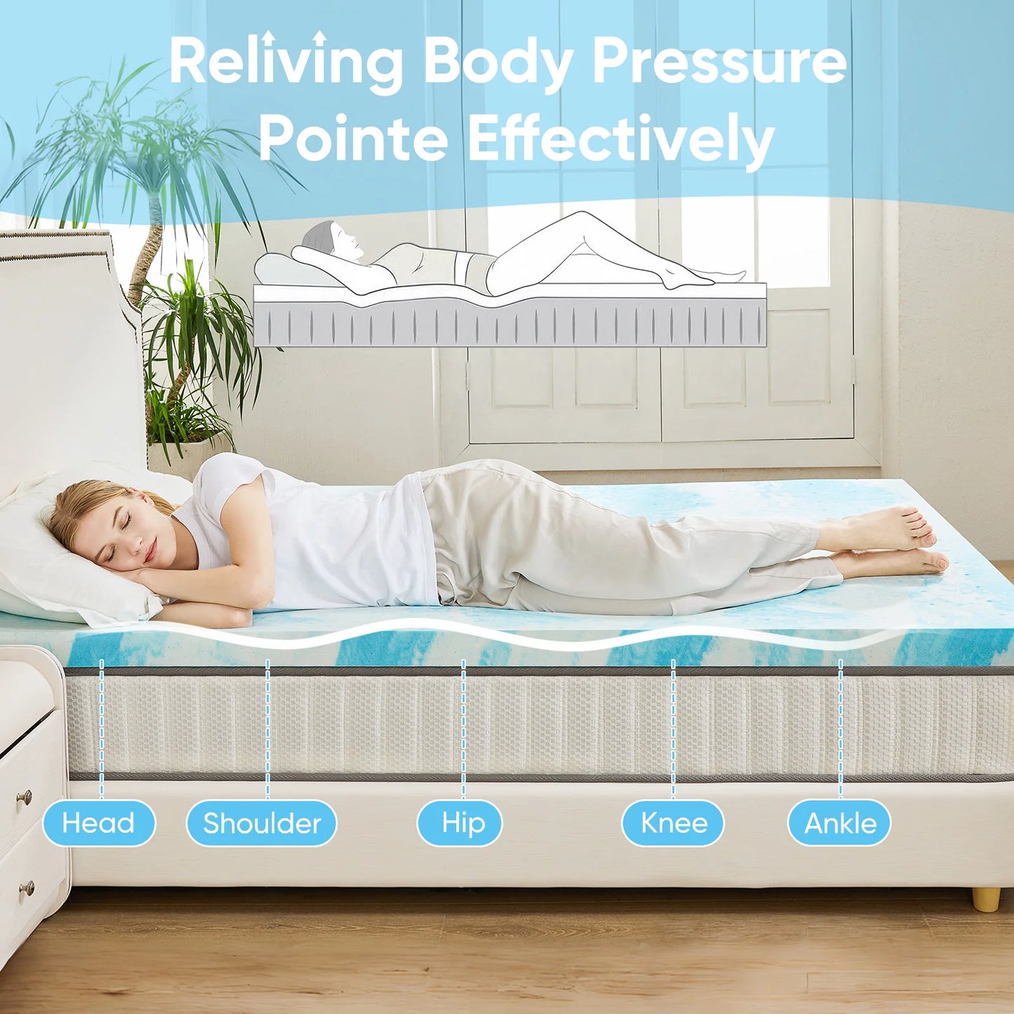 JHK Gel Memory Foam Mattress Topper Cooling Sleep Enhancer