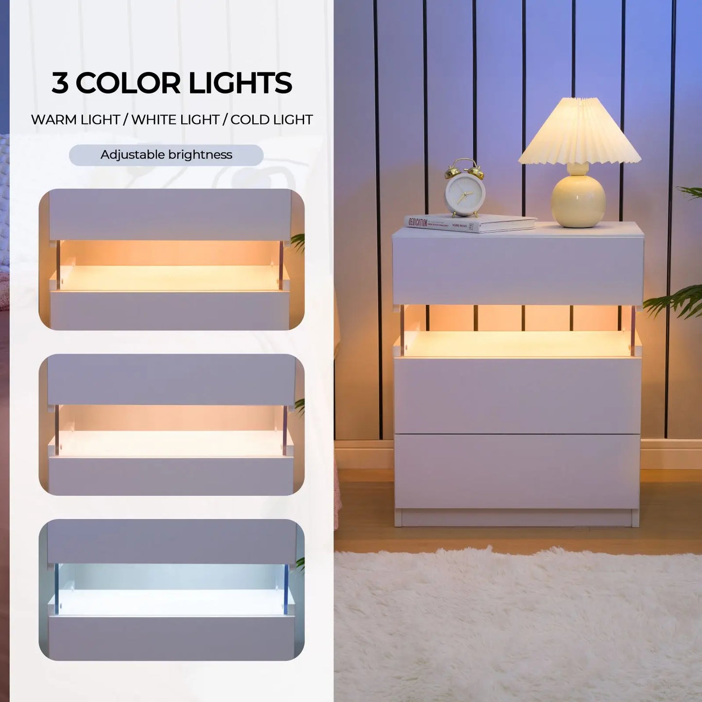 Cubehom Bedside Tables With LED Lighting, Two Drawer Nightstands