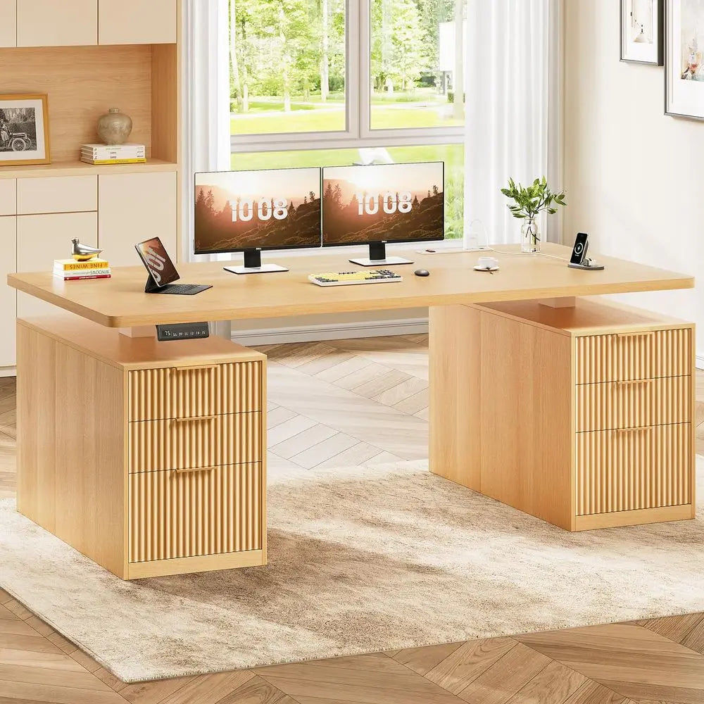 Electric Standing Desk With Six Drawers And Integrated Power Outlets