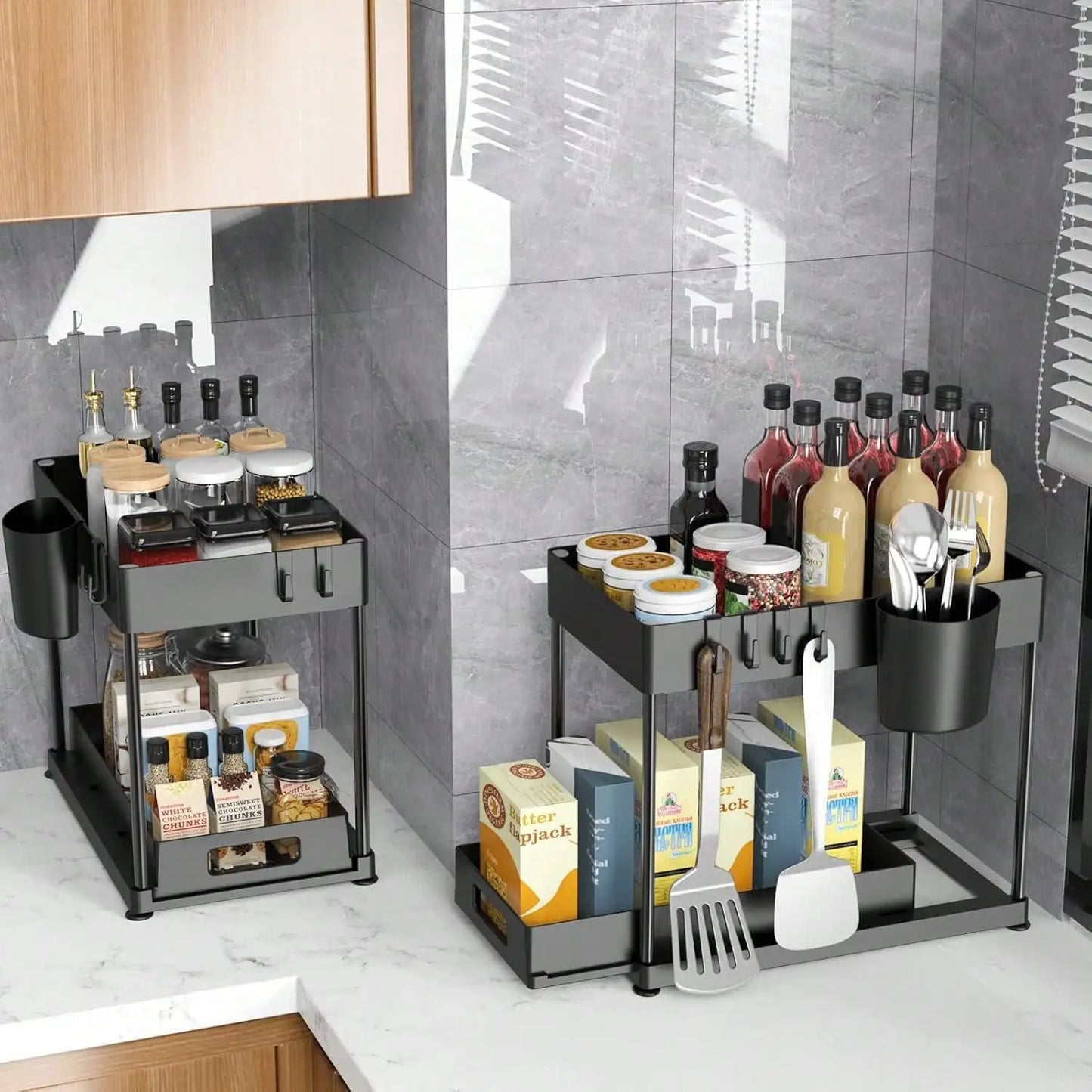 Under Sink Organizer Storage Shelves With Sliding Drawer