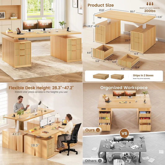 Electric Standing Desk With Six Drawers And Integrated Power Outlets