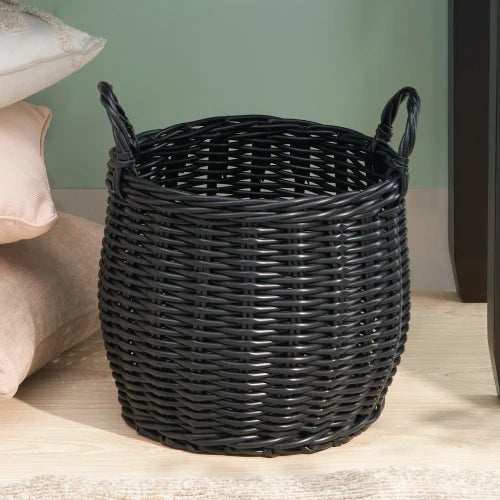 Round Resin Wicker Storage Basket With Handles For Home Organization