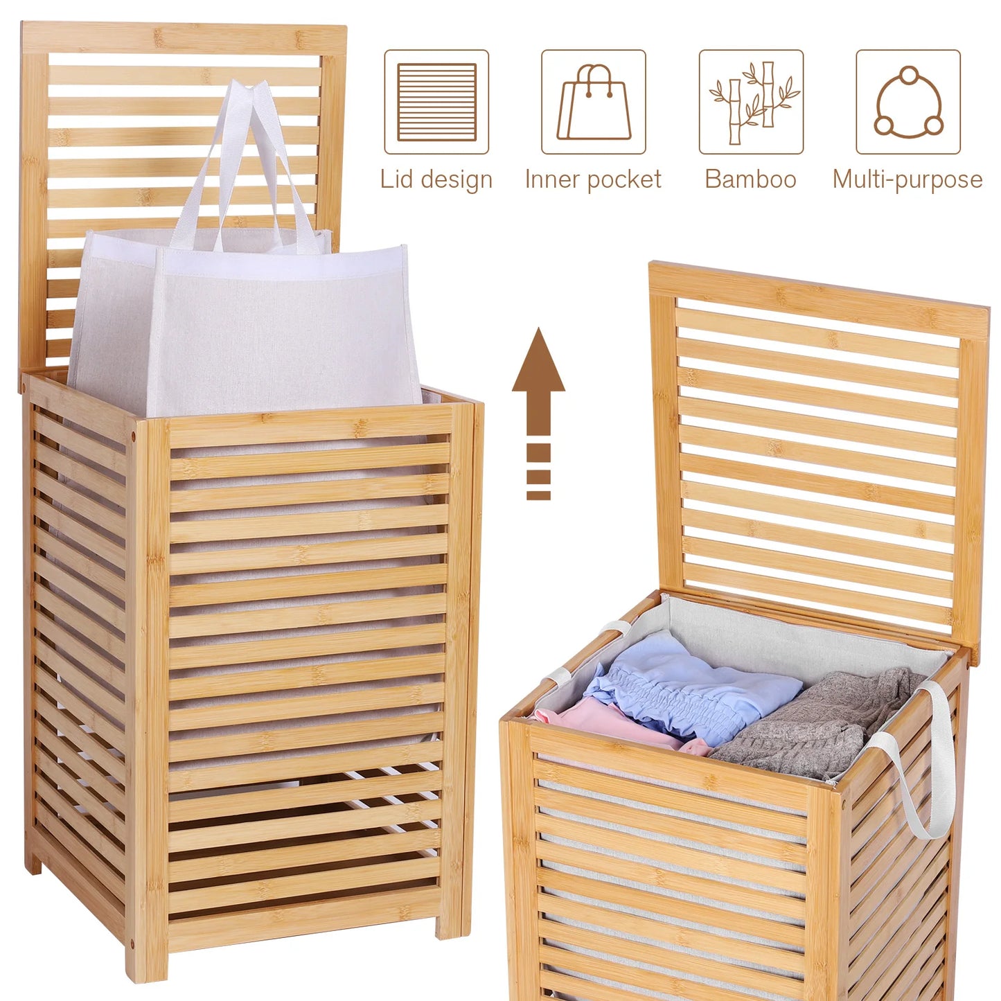 Shunmaii Bamboo Laundry Hamper With Removable Liner Bag