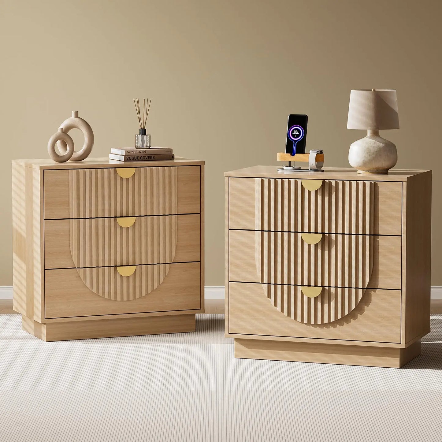 Symmetrical Arc 3 Drawer Nightstand With Charging Station
