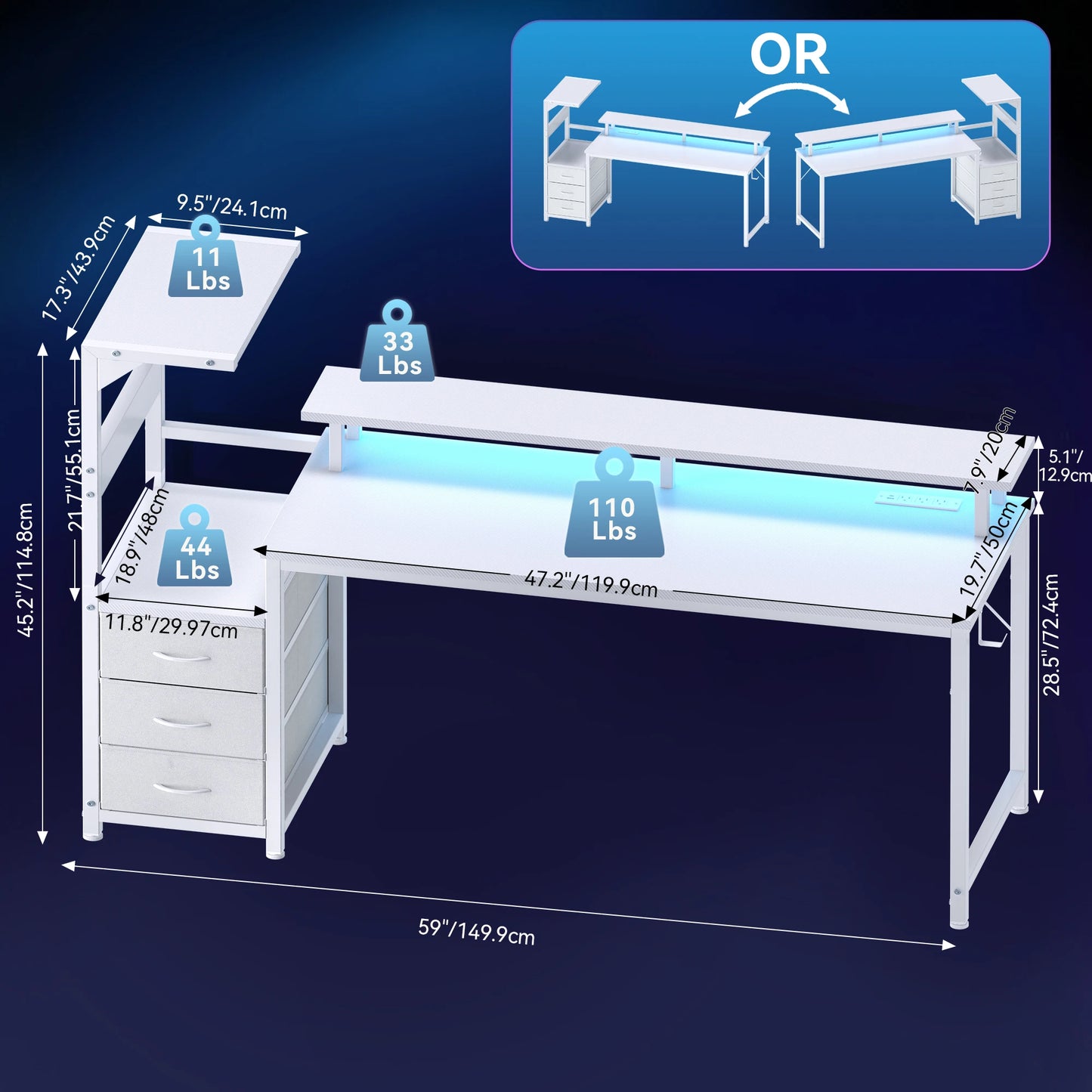 JHK Gaming Desk With LED Lights And 3 Storage Drawers