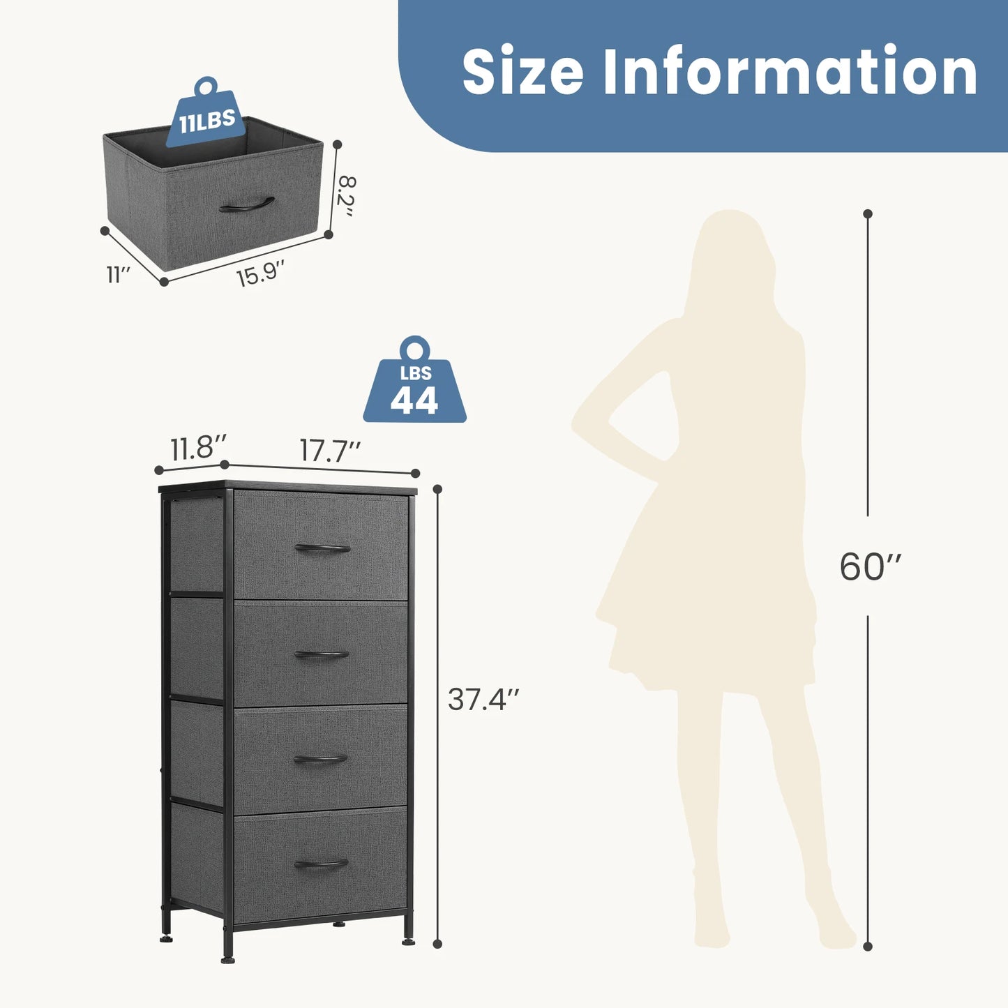 JHK Dresser With 4 Fabric Drawers Nightstand Steel Frame