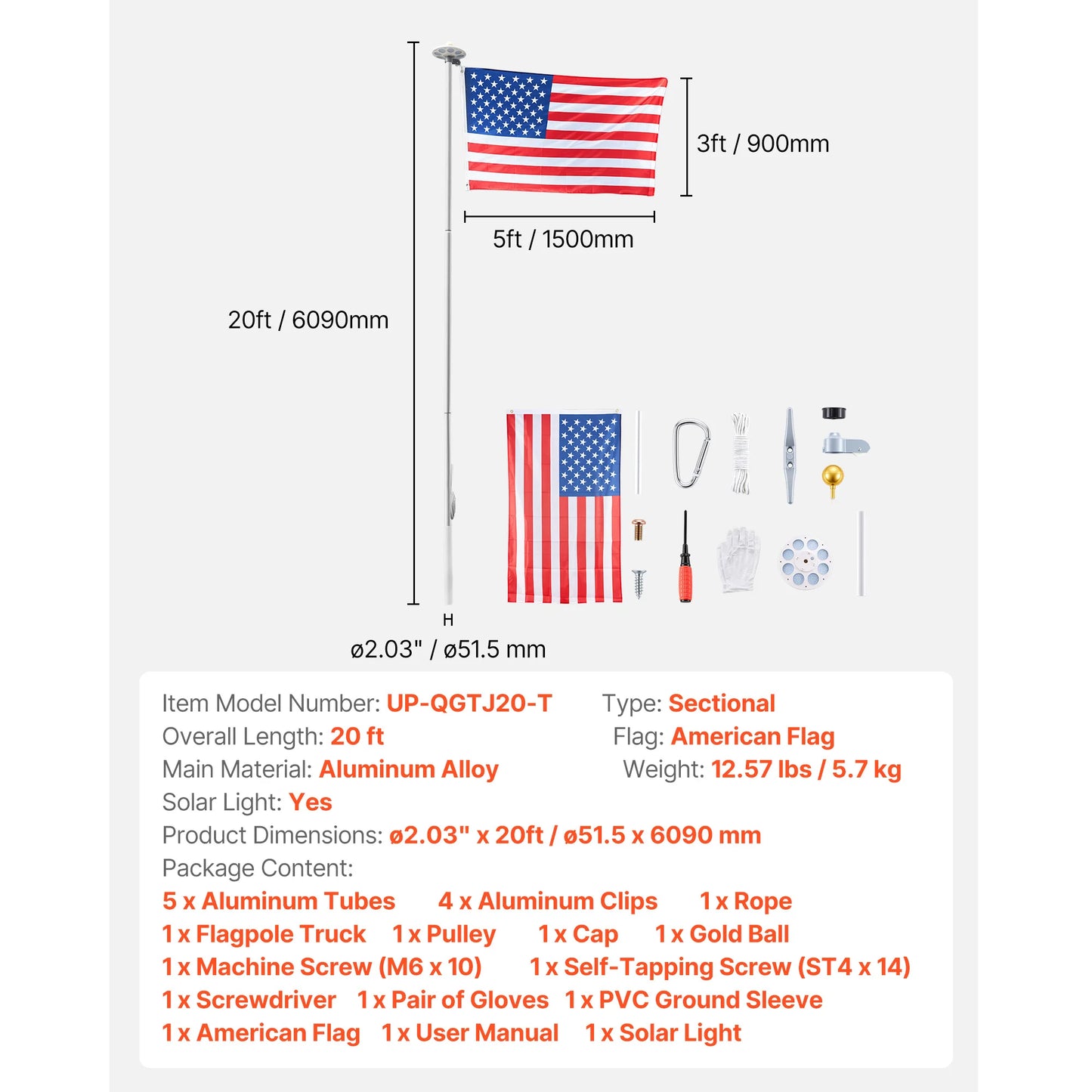 VEVOR 16 To 30 Ft In Ground Aluminum Flag Pole Kit With American Flag