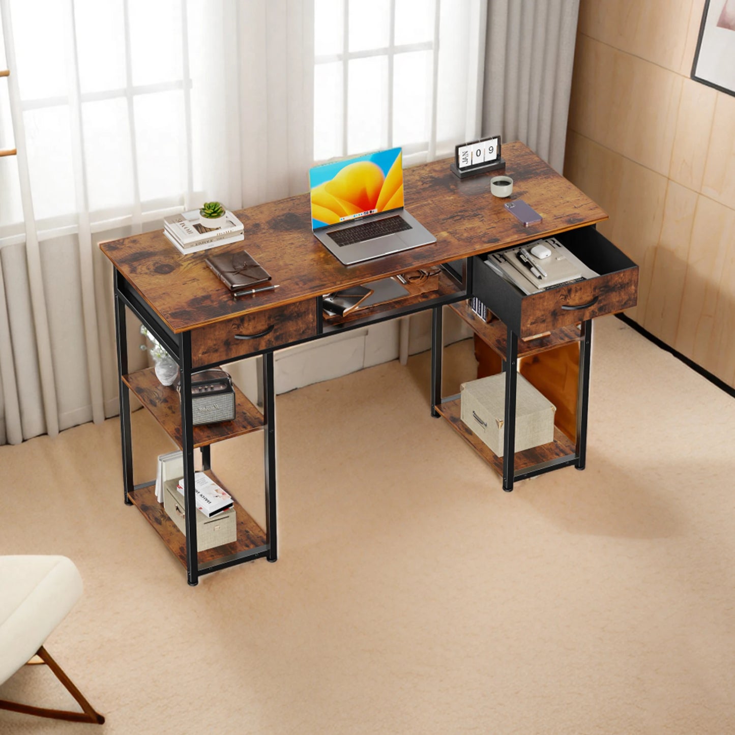 JHK Gaming Desk With Fabric Drawers And Storage Shelves