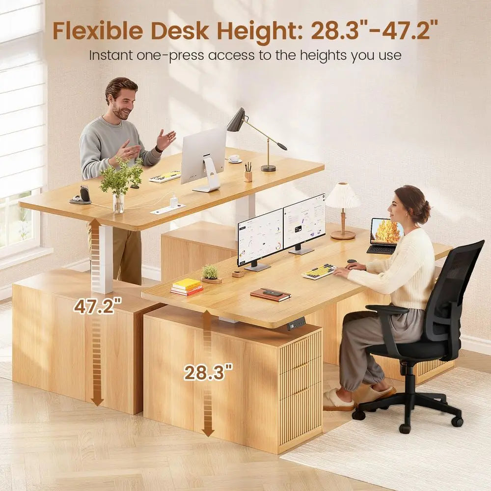 Electric Standing Desk With Six Drawers And Integrated Power Outlets