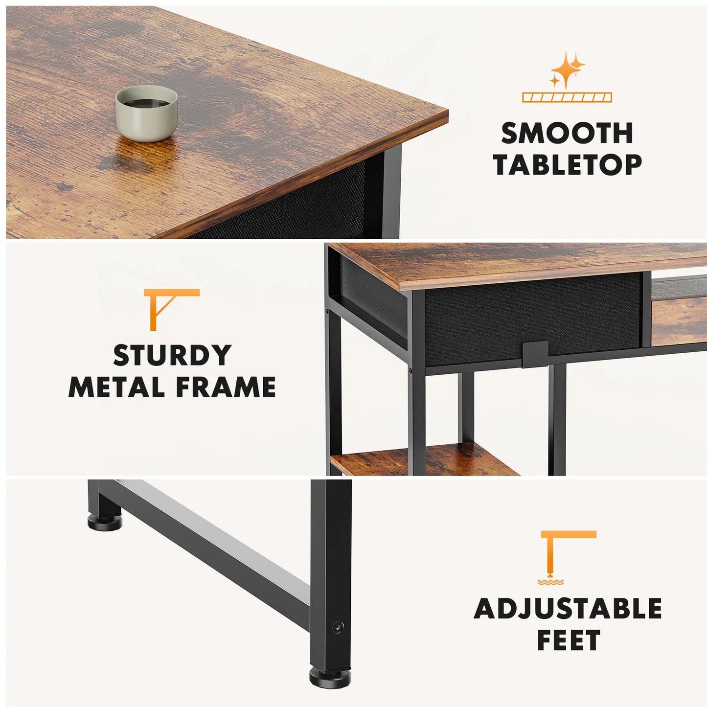 JHK Gaming Desk With Fabric Drawers And Storage Shelves
